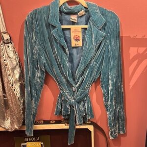 Chic Teal Velvet Blazer with Tie Waist